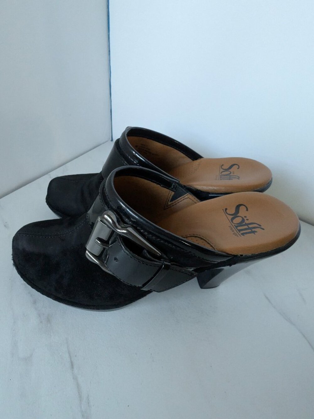 Sofft Suede Mules with Chunky Buckle Detail - Size 6